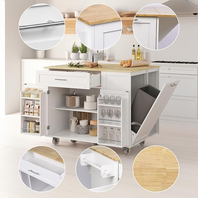 Kitchen Island with Storage & Drop Leaf - 43.3" Mobile Kitchen Cart with Wheels, Rolling Kitchen Island with Trash Bin Cabinet & Towel Rack, Rubberwood Top, White Island for Kitchen