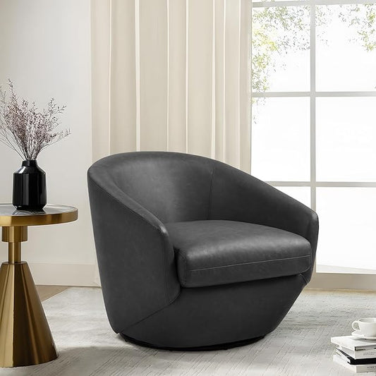 Swivel Barrel Accent Chair, Modern Round Faux Leather Arm Chair for Living Room, Bedroom, Comfy Club Reading Chairs for Adults(Faux Leather, Black, Set of 1)