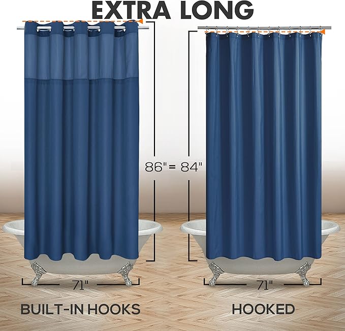 Extra Long No Hook Slub Textured Shower Curtain with Snap-in PEVA Liner Set - 71" x 86"(84"), Hotel Style with See Through Top Window, Navy Blue Fabric Curtain & Waterproof Liner, Navy Blue, 71x86