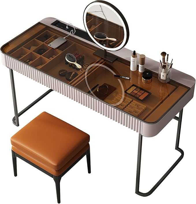 Lartis Makeup Vanity,Dresser Stool Set,Dresser,Computer Desk,partitioned Storage,Smart Socket,LED Makeup Mirror (Beige White, 47 in)