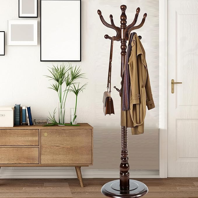 Coat Racks Free Standing with 14 Hooks, Natural Wood Coat Stands for Entryway, Adjustable Height 73 in Tree Coat Rack Stand for Hallway Home Office Bedroom (Dark Brown)