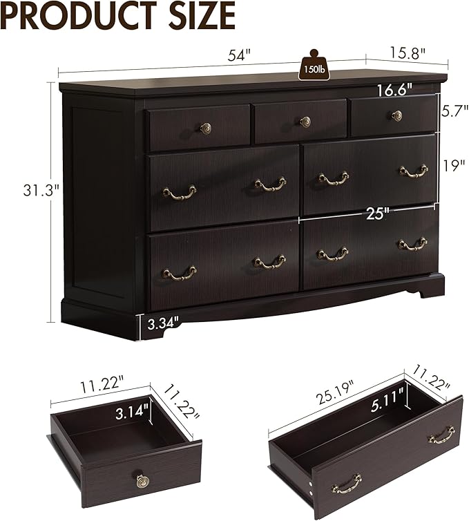 Farmhouse 7 Chest of Drawers for Bedroom, 54" Wide Wood Dresser with Bronze Retro Handles & 3D Drawer Fronts, Closet Dresser for Bedroom, Hallway, Espresso