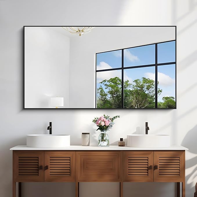 KOCUUY 30x55 Inch Large Black Wall Mounted Mirror,Aluminum Framed Decorative Rectangular Bathroom Mirror for Wall Over Sink,Vanity Mirror for Bedroom Living Room Bathroom,Functional Oversized Mirror