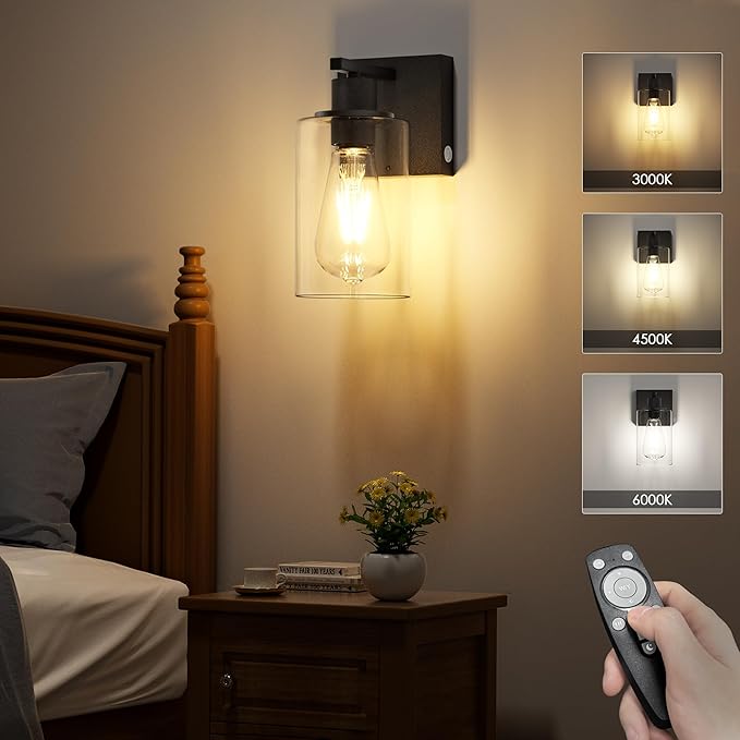 Battery Operated Wall Sconce with Remote Wall Light Rechargeable Wireless Cordless Led Glass Wall Lamp Indoor with 3 Color Temperature Dimmable E26 Edison Bulbs for Bedroom Bathroom Hallway Black