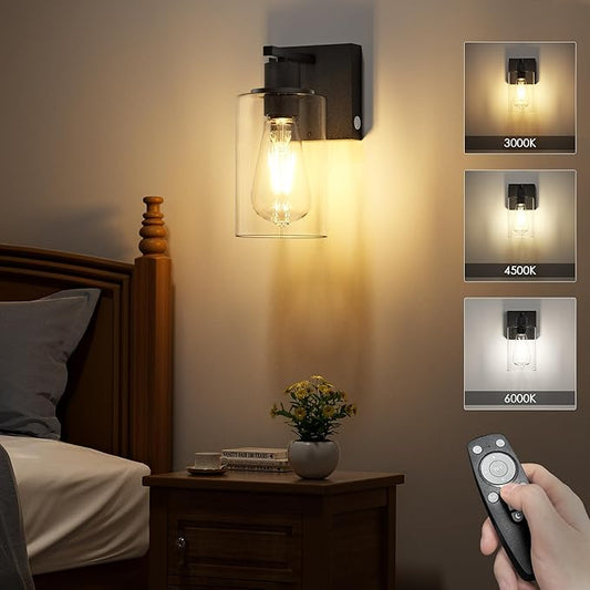 Battery Operated Wall Sconce with Remote Wall Light Rechargeable Wireless Cordless Led Glass Wall Lamp Indoor with 3 Color Temperature Dimmable E26 Edison Bulbs for Bedroom Bathroom Hallway Black