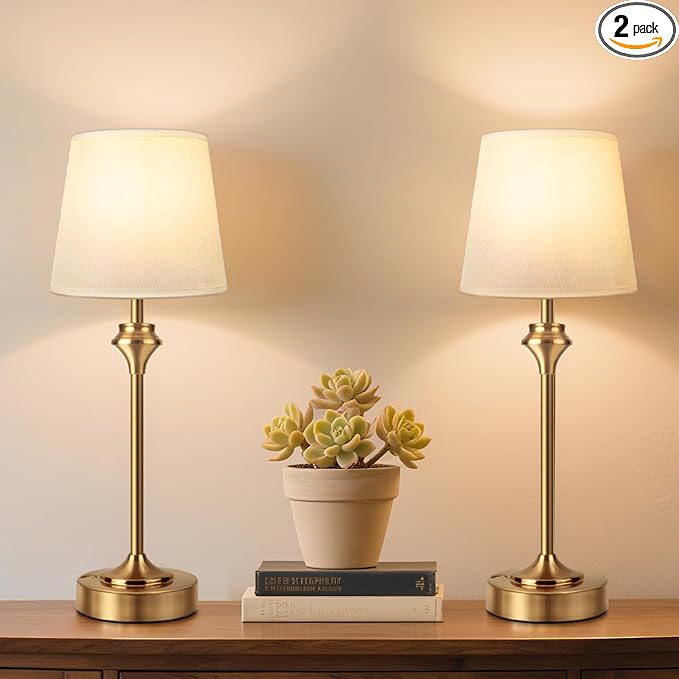 NIORSUN Portables Cordless Table Lamp Set of 2, Battery Operated Lamp, Bedside Table Lamp with Warm White,3 Way Dimmable Touch Desk Lamp for Bedroom Living Room Restaurant Whtie Shade (Gold)