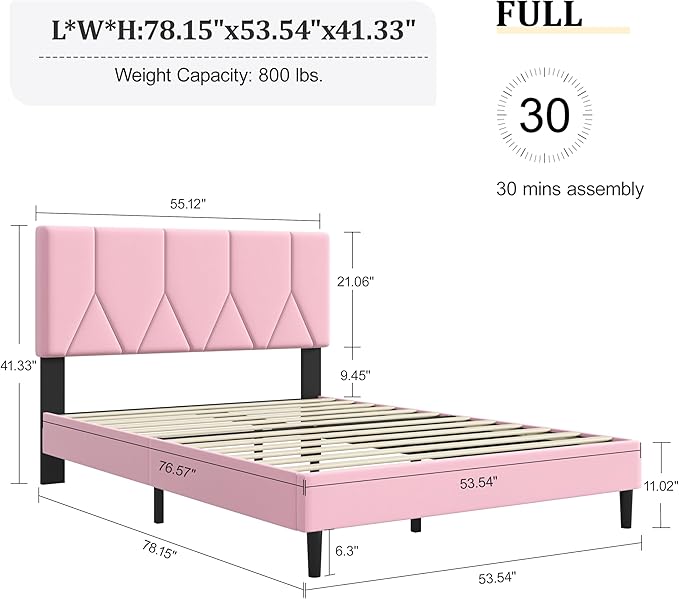 Full Size Bed Frame, Platform Bed Frame with Velvet Upholstered Headboard, Fully Upholstered Mattress Foundation with Strong Wooden Slats, No Box Spring Needed, Noise Free, Easy Assembly