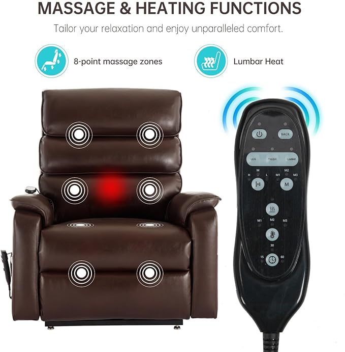 Lay Flat Lift Chair with Heat and Massage, Dual Motor Recliner with Infinite Position, Up to 350 LBS Electric Power Lift, Red Brown Leather