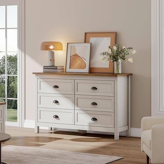 6 Drawer Dresser, Farmhouse Dresser for Bedroom, Antique White Chest of Drawers, Modern Double Dressers for Bedroom, Closet