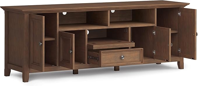 SIMPLIHOME Amherst 72-inch Wide Solid Wood TV Stand in Rustic Natural Aged Brown, Transitional-Style Media Console for Living Room with Cable Management and Adjustable Shelves, Fits 80" TVs