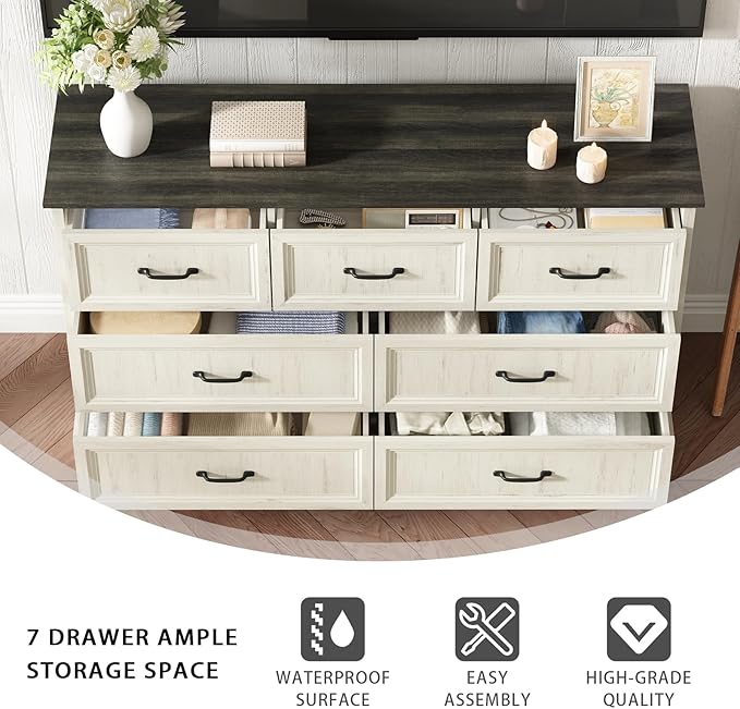Farmhouse 7 Drawer Dresser for Bedroom, 55 Inch Wide Modern White Dresser TV Stand with Large Drawers & Bar Handles, Rustic Wood Chest of Drawers for Bedroom, Living Room, Hallway, Entryway.
