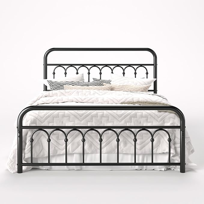 Allewie 14 Inches Full Size Metal Platform Bed Frame with Victorian Style Curved Iron-Art Headboard/Footboard, Metal Slats Support, Easy Assembly, Under Bed Storage, No Box Spring Required, Black