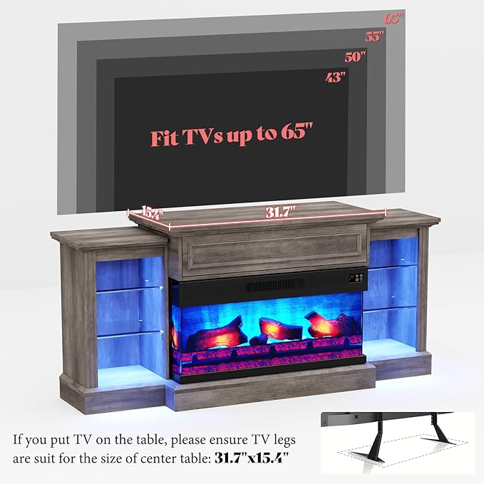 AMERLIFE 60" Electric Fireplace with Mantel, Farmhouse 3-Sided Fireplace TV Stand for TVs up to 65 Inch, Entertainment Center with Adjustable Shelves & LED Light, Rustic Grey