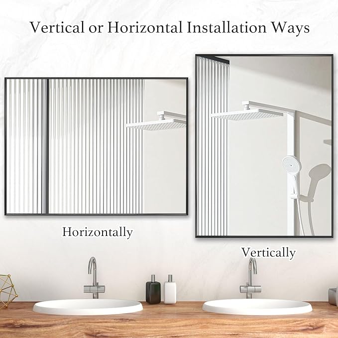 26x40 Inch Black Bathroom Mirror, Copper-Free Mirror, Aluminum Alloy Frame Vanity Mirror, Rectangle Wall Mounted Mirror, Modern Mirror for Bedroom/Living Room/Porch Horizontal or Vertical