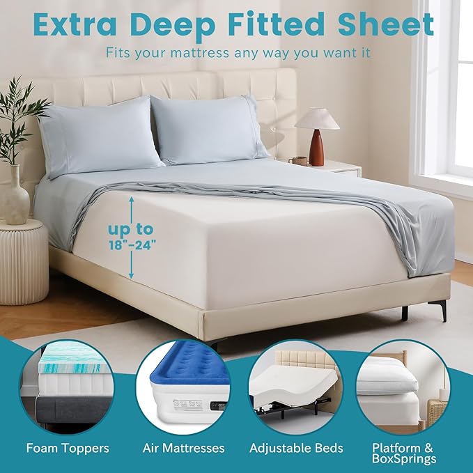 Bedlifes King Sheet Set, Extra Deep Pocket 18-24 Inches,1000Thread Count 100% Egyptian Cotton, Soft and Breathable Sateen 4-Piece,Light Blue