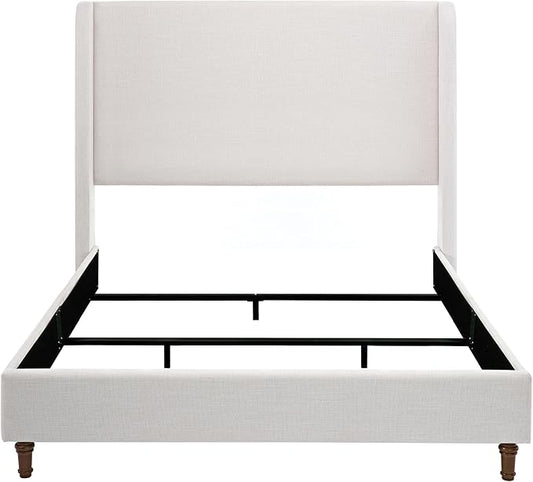 Queen Bed Frame with 54" Tall Wingback Headboard, Chenille Upholstery, Metal and Wood Support, Solid Wood Feet, Box Spring Required (Ivory White Chenille, Queen)