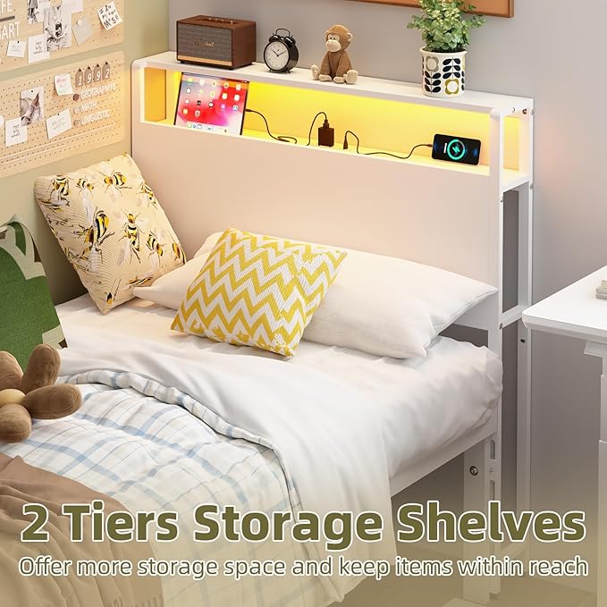 Twin Sized Headboard with 2 Tiers Storage Shelves, Sturdy and Stable Headboard with Charging Station, USB Ports and LED Light for Twin Bed Frames,White