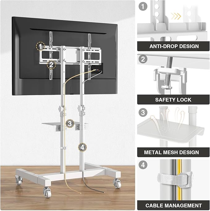 TVON Upgraded Mobile TV Stand on Wheels for 32-80 inch Flat Screen/Curved TVs up to 110 lbs, Height Adjustable Mobile TV Cart with Metal Laptop Shelf, Rolling TV Stand for Home and Office Use,White