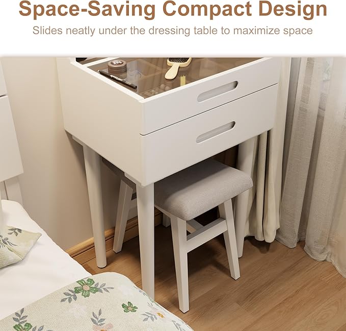 Solid Wood Small Vanity Stool, Compact Makeup Chair with Saddle Cushion, Linen-Covered High Rebound Sponge Seat, Easy Assembly Footstool for Bedroom, Entryway, Home, White