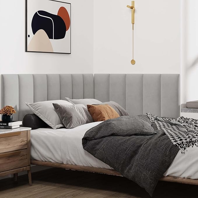 IFNOW Wall Mounted Upholstered Headboard Full, 3D Peel and Stick Soundproof Panels, Reusable and Removable Padded Leather Bed Headboard, 6 Panels 9.84" x 23.62", Light Grey