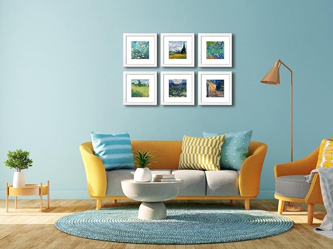 8x8 Picture Frame Set of 6 with Real Glass for Pictures 5x5 with Mat or 8x8 Without Mat, Wall Mounting or Tabletop display Photo Frames in White