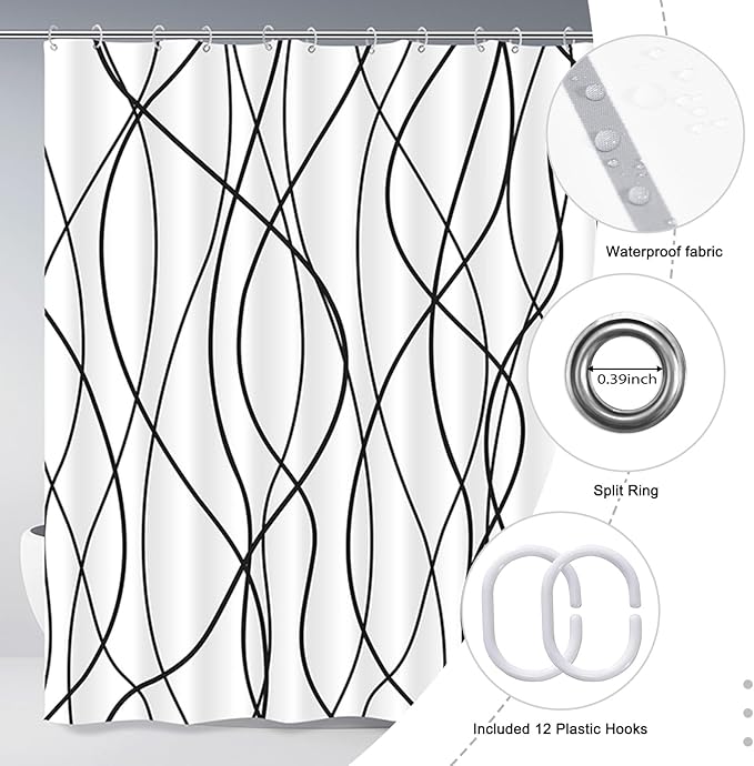 Punkray Black and White Striped Wavy Line Polyester Shower Curtain for Bathroom with Hooks, Weighted Hem, Waterproof Bath Accessories Hotel Style, 72 x 72