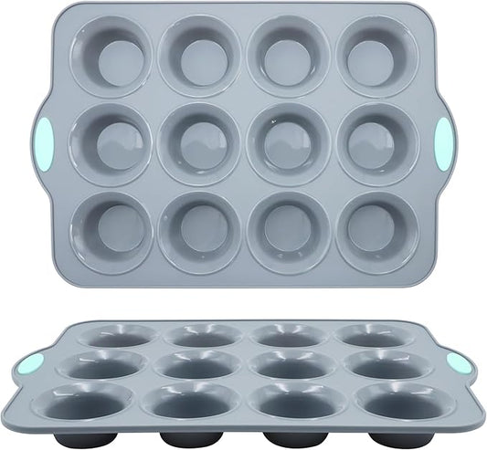 To encounter 2Pack Silicone Muffin Pan with Metal Frame, 12 Cup Regular Size Cupcake Pan, Non-Stick Baking Tray, Food Grade Baking Molds for Oven, Dishwasher Safe