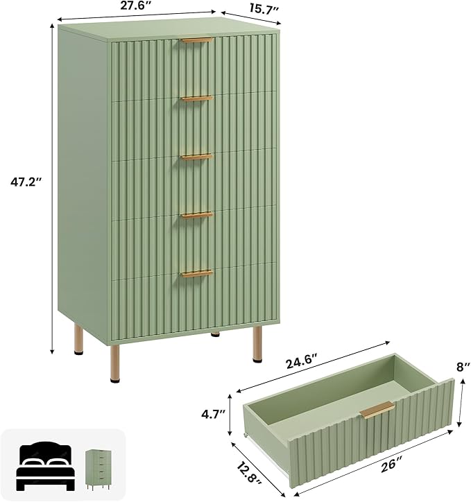5 Drawer Dresser for Bedroom, 48" Tall Modern Chest of Drawers with Deep Drawers and Wide Top, Fluted Wooden Dresser Organizer for Living Room, Hallway, Kids Room, Green