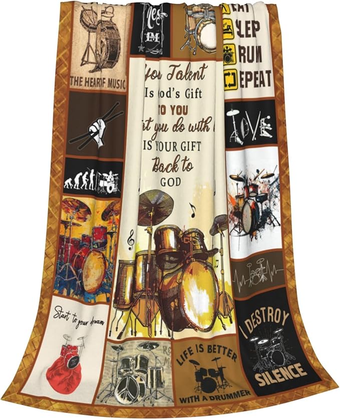 Drum Set Blanket Rock Music Throw Blanket Soft Fleece Flannel Bedding Musical Instrument Gifts for Men Drummer Boys Women Girls Lovers Adults Stuff Plush for Couch Sofa Bed Room Decor 60"X80"