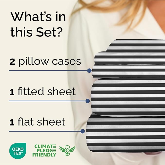 Striped Sheets - Black & White Striped Sheets - 1 Flat & 1 Fitted & 2 Pillowcases w/ Deep Pockets – Wrinkle & Fade Free - Soft, Breathable and Cooling – Luxury Pinstripe Bedding - Queen Size Bed Set