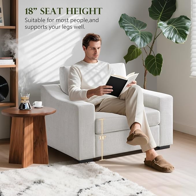 ELUCHANG 47" Oversized Accent Chair, Linen Fabric Modern Lounge Chair with Deep Seat, Washable Cover, Comfy Upholstered Large Sofa Armchair Reading Chair for Living Room, Bedroom, Office, Ivory