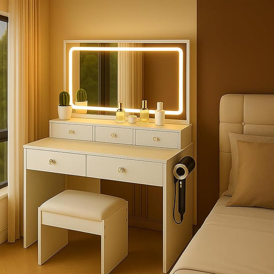 White Vanity Desk with Large Full Size Led Lighted Mirror, 31" Makeup Vanity Table with 5 Storage Drawers, Power Outlet & Hair Dryer Holder, Modern Small Dressing Table for Small Space,Dorm, Bedroom