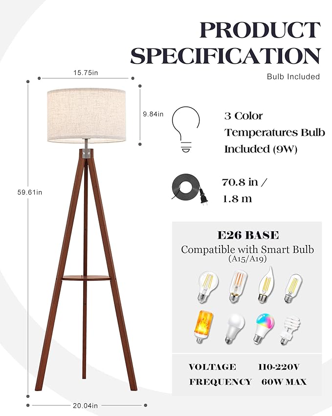 ELYONA Tripod Floor Lamp with Shelves, 3 Color Temperatures LED Modern Wood Table Reading Standing Light, Wooden Shelf Floor Lamp for Farmhouse Living Room Bedroom Office Nature Linen Shade,Brown