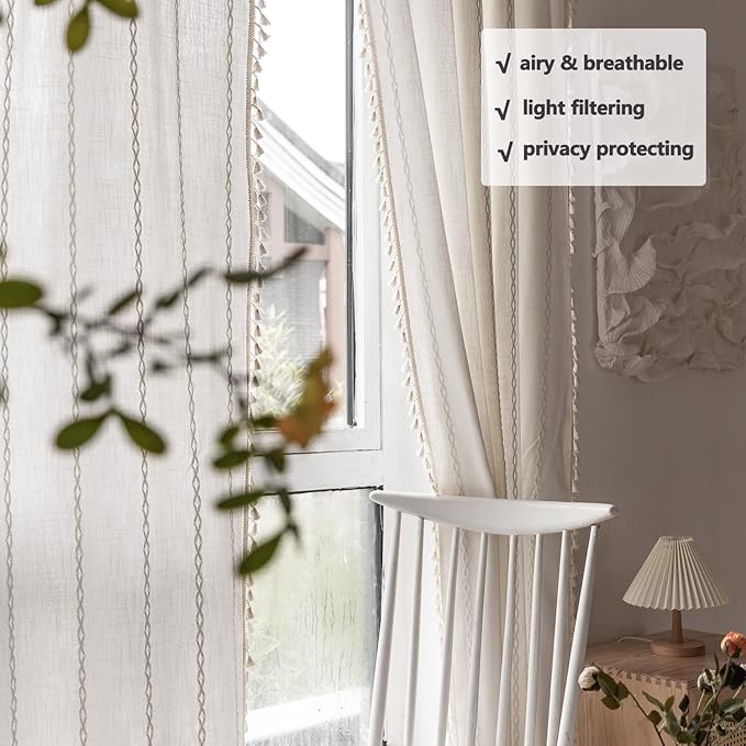 Boho Curtains - Embroidery Linen and Cotton 63 Inch Length 2 Pannels for Living Room, Cream Off White Light Filtering Farmhouse Curtains with Rod Pocket Draperies 52" W x 63" L
