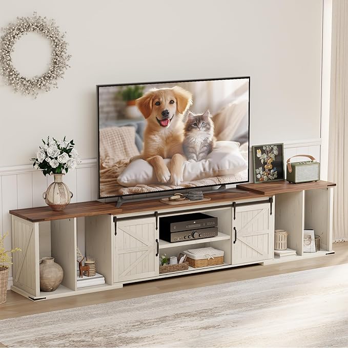 Extendable TV Stand, Entertainment Center for 85 95 105 Inch TV, Farmhouse TV Stand with Large Capacity Storage and Sliding Doors, Media Console for Living Room, Length 86"-113", White