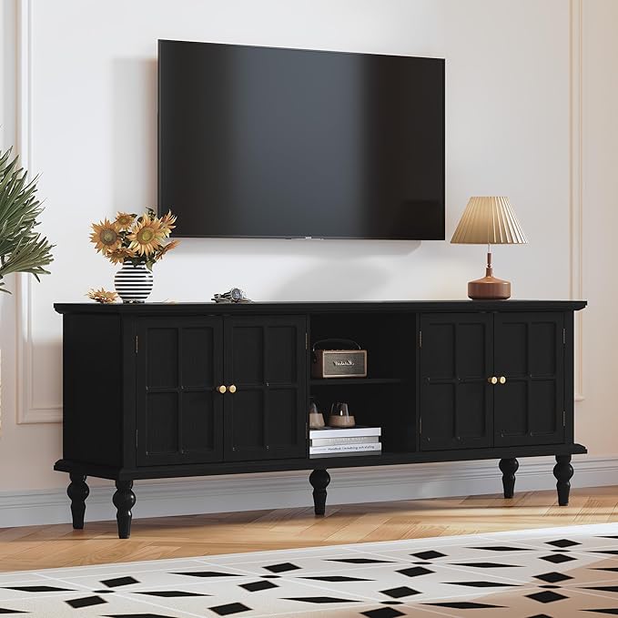 3More 67" Mid Century Modern TV Stand with Window Design,Wood Entertainment Center with Open Shelf,Up to 70" Media TV for Living Room or Bedroom,Black