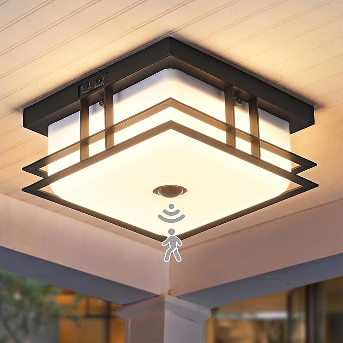 Motion Sensor Outdoor Ceiling Light Industrial Design with Acrylic Shade for Porch,Patio,Balcony,Garage,24W 5CCT LED Porch Ceiling Light
