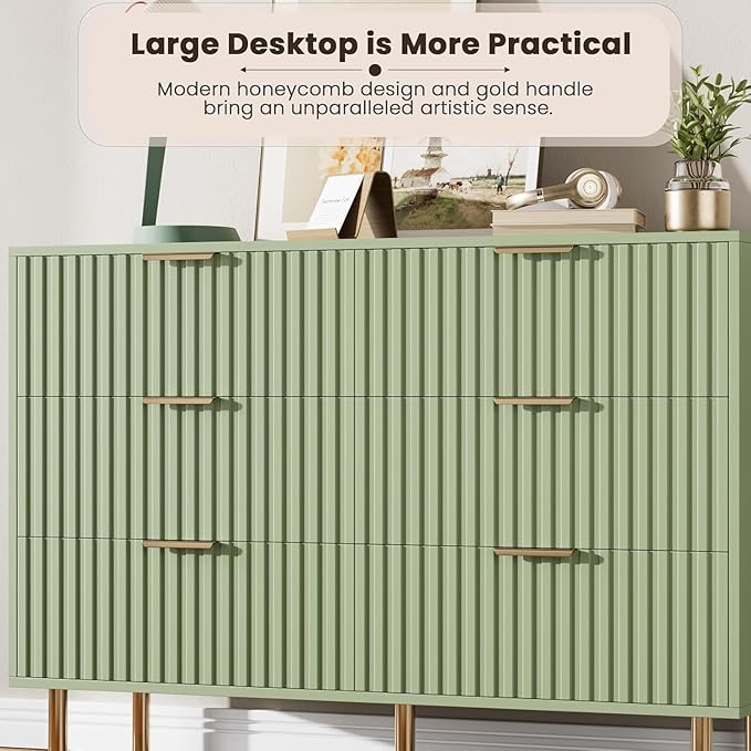 Green 6 Drawer Dresser for Bedroom, Fluted 47.2" Wide Modern Chest of Drawers with Deep Drawers, Long Large Double Dresser TV Stand for Living Room, Hallway, Kids Room