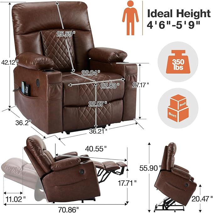 Dual Motor Power Lift Recliner Chairs with Heat and Massage for Elderly, Leather Electric Recliners with Footrest, Infinite Position Lift Chair with Cupholder,USB & Type C Ports(Brown)
