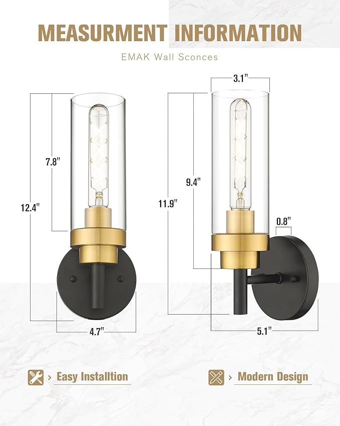 Emak Black and Gold Sconces Wall Lighting, Modern Vanity Lights with Clear Glass Shade, Wall Sconce for Bathroom, Bedroom, Living Room, Hallway, WS085-BKBGD