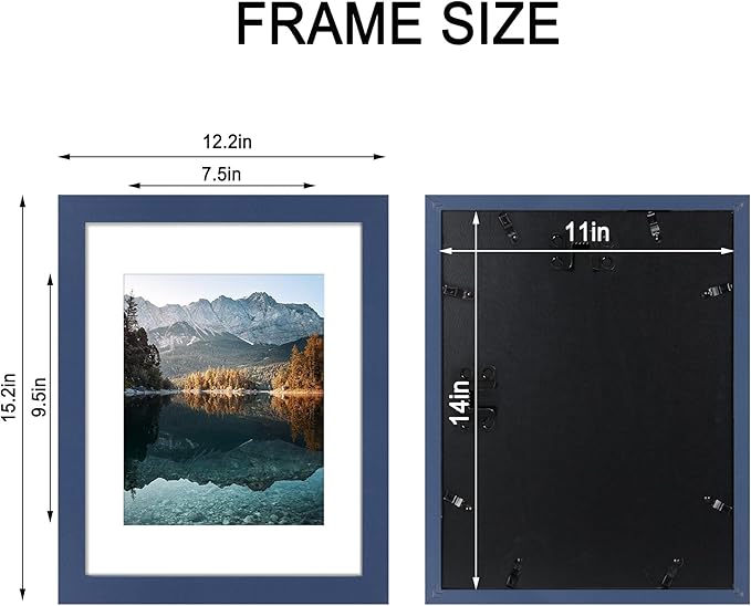 11x14 Picture Frame Set of 4, High Definition Real Glass, Display Pictures 8x10 with Mat or 11x14 Without Mat, Gallery Wall Hanging Photo Frames, Blue