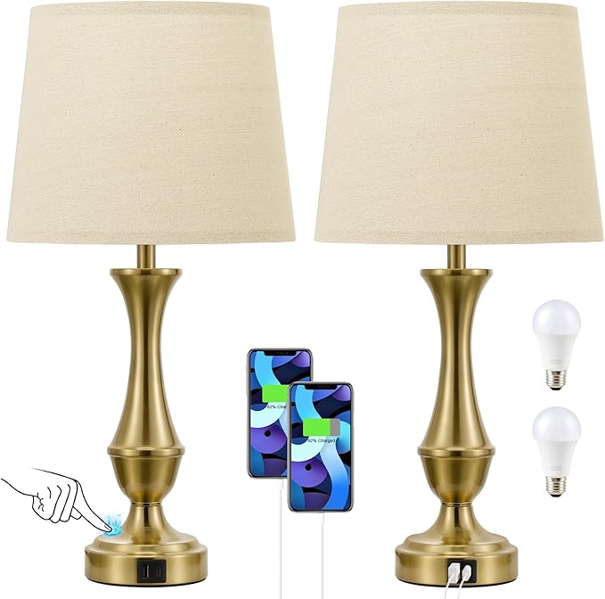 Upgraded Touch Lamps for Night Stands Set of 2 - Bedside Lamps with USB C+A, 3 Way Dimmable for Bedroom Living Room End Tables Office (Brown&Gold)