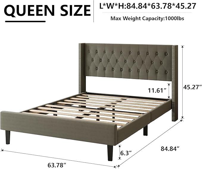Queen Size Bed Frame, Upholstered Platform Bed with Wingback Headboard, Velvet Button Tufted, Easy Assembly, No Box Spring Needed, Green