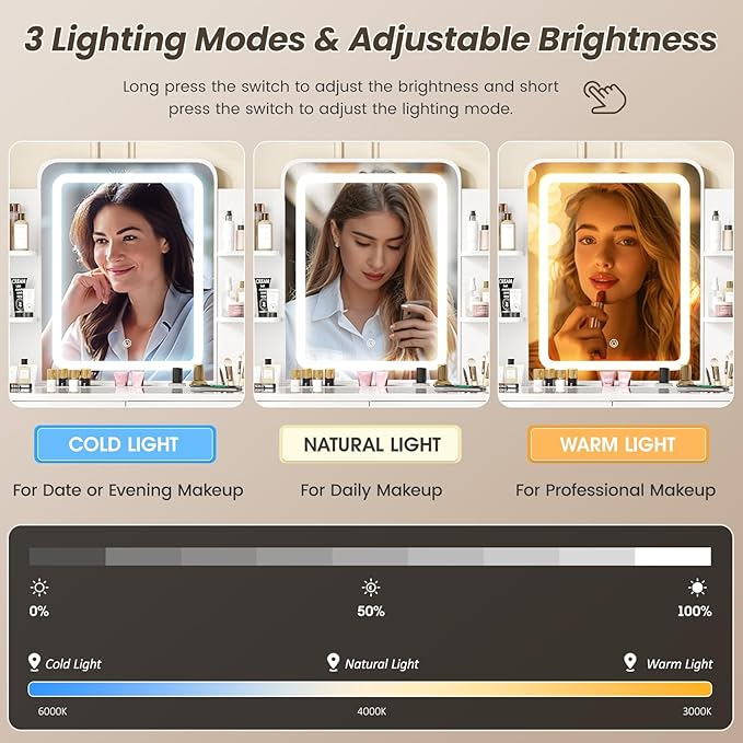 Vanity Desk with Mirror and Lights, Makeup Vanity with Glass Top & Power Strip, White Vanity with 2 Drawers for Women, 3 Lighting Modes Adjustable Brightness, Dressing Table with Stool for Bedroom