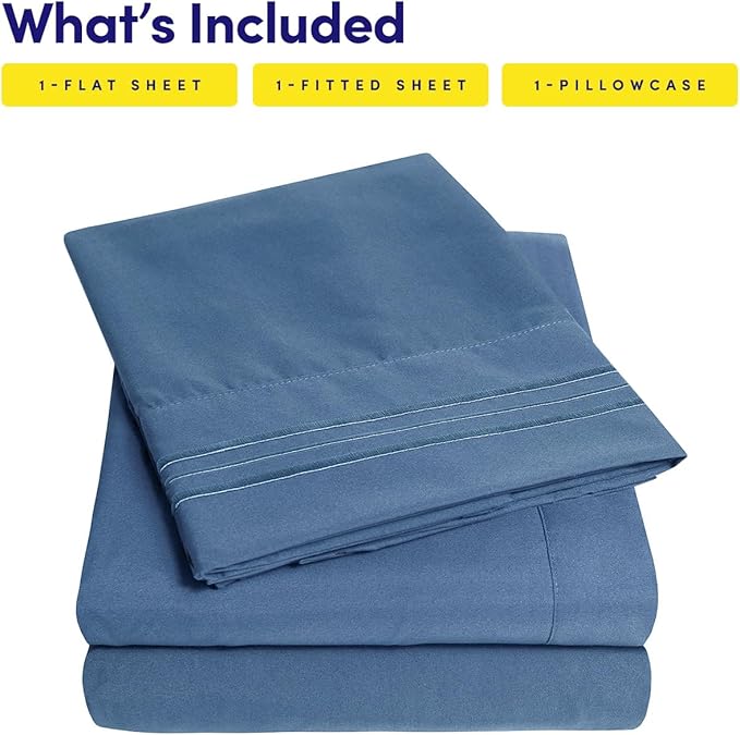 1500 Supreme Collection Twin XL Sheet Sets Denim Blue - 3 Piece Bed Sheets and Pillowcase Set for Twin XL Mattress - Extra Soft, Elastic Corner Straps, Deep Pocket Sheets, Twin XL Denim Blue