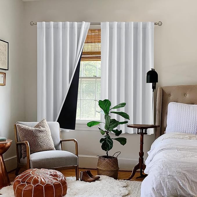 BGment Greyish White 100% Blackout Curtains 45 Inches Long with Black Liner, Rod Pocket and Back Tab Double Layer Room Darkening Thermal Window Curtains for Bedroom, 2 Panels, Each 52 x 45 Inch