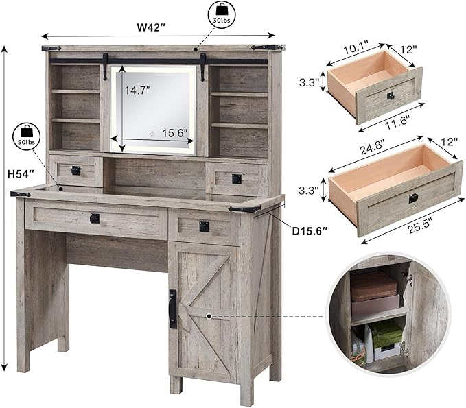 T4TREAM Farmhouse Makeup Vanity Desk with Sliding Mirror and Lights, 42'' Glass Tabletop Vanity Table with 2 Drawers & Shelves, Rustic Big Vanity Set for Bedroom, Light Rustic Oak