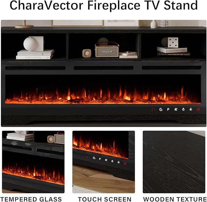 CharaVector Fireplace TV Stand with 50" Glass Electric Fireplace,Entertainment Center with Power Outlets for Up to 65 inch TV，Black TV Cabinet with 3 Open Storage Cabinets, TV Console for Living Room