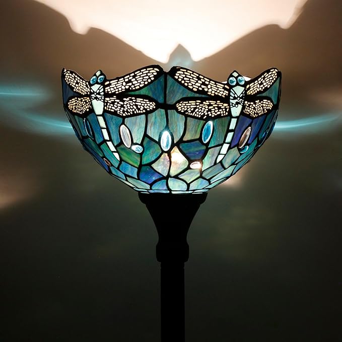Tiffany Floor Lamp Torchiere Stained Glass Torch Lamp 12X12X67 Inch Antique Standing Corner Light (Dark Blue Dragonfly)