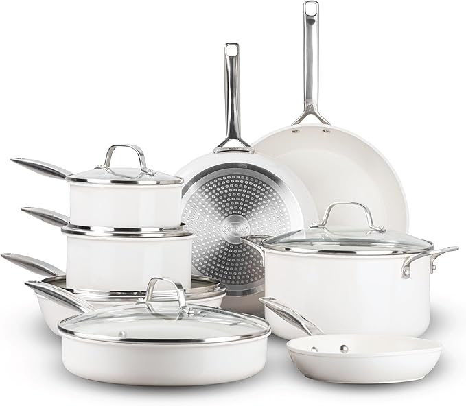 GOTHAM STEEL PRO 13 Pc Ceramic Cookware Set Nonstick, Pots and Pans Set Non Stick for Kitchen, Hard Anodized Induction Cookware, Non Toxic Made Without PFOA PFOS, Oven & Dishwasher Safe, Cream White